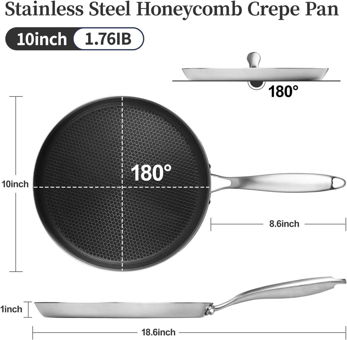 Stainless Steel Crepe Pan - 10 Inch Nonstick Crepe Pan, Stainless Steel Honeycomb Coating Pancake Pan, Non Stick Flat Skillet Tawa Dosa Tortilla Griddle Pan, Induction Compatible, PFOA Free