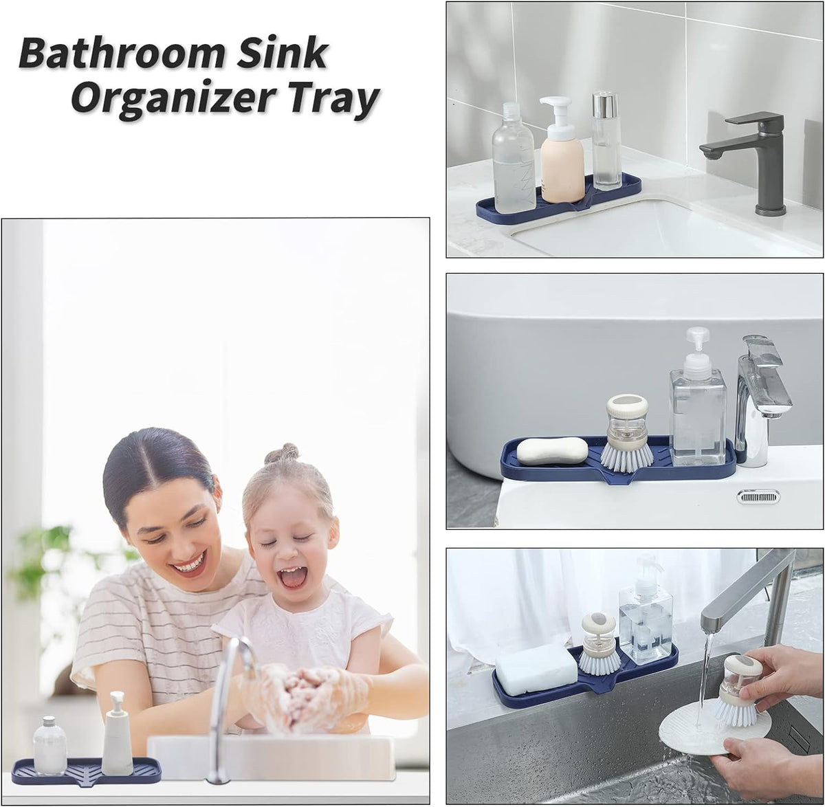 Silicone Bathroom Soap Dishes with Drain Spout-Kitchen Sink Organizer,Sponge Holder,Dish Soap Tray,Perfect for Dispenser,Scrubber,Bottle,Cup on Sink or Counter-Navy Blue 12"×4"