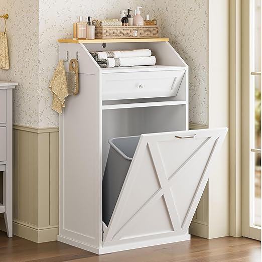 GAZHOME 13 Gallon Tilt Out Trash Cabinet, Upgrade Wooden Recycling Cabinet with Flip Door,White