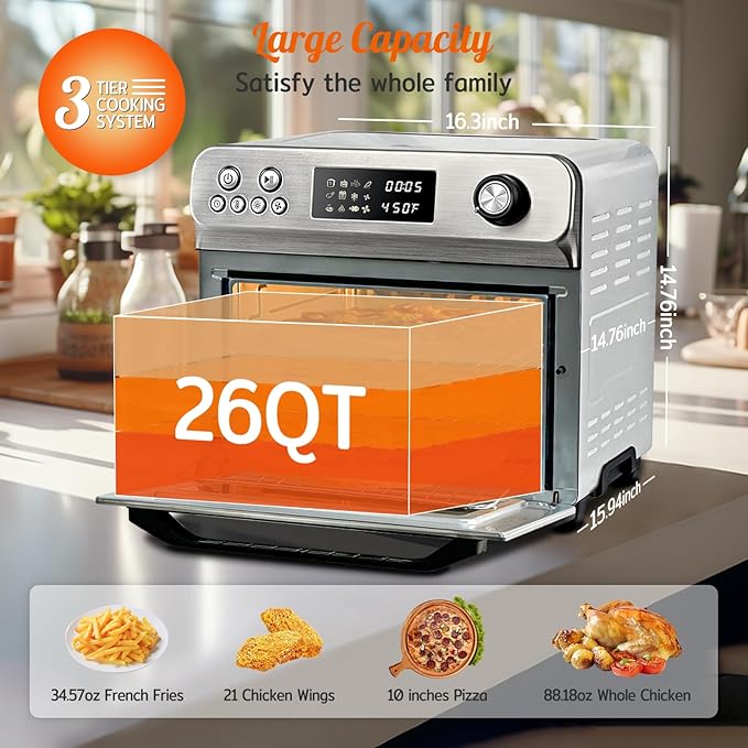 HYSapientia Air Fryer Toaster Oven Combo, 26Quart 10-in-1 Extra Large Countertop Convection Oven with LED Display Knob Control, 1800W Stainless Steel, Less Oil, Faster Cooking,7 Accessories+Recipe