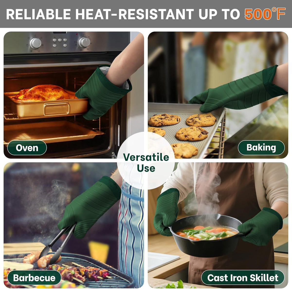 Beneno BPA-Free Silicone Oven Mitts, Heat Resistant Waterproof Oven Mitts with Non-Slip Textured Grip, Comfortable Quilted Lining, Kitchen Pot Holders for Cooking, Baking, Grilling, 7"x13", 2Pcs Green