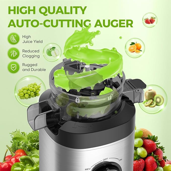 Juicer Machines, Cold Press Juicer Fit Whole Fruits and Vegetables, Slow Masticating Juicers with Wide Feed Chute, High Juice Yield, BPA Free