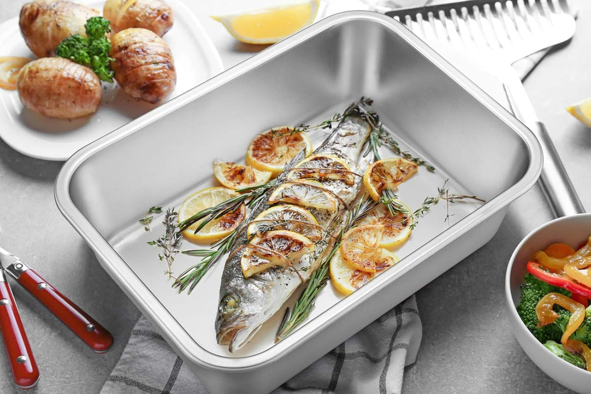 Lasagna Pan Set of 2, E-far Rectangular Deep Cake Baking Pans, Small Roaster Baking Dish Stainless Steel, 10.6x8.3x3.2 Inches, Non-Toxic & Heavy Duty, Dishwasher Safe