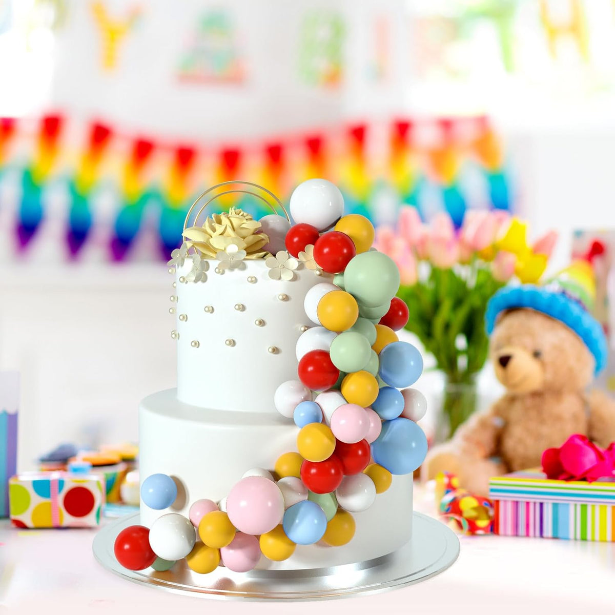 48 Pcs Balls Cake Topper Decorations Balloon Cupcake Toppers Foam Cake Topper Balls Cake Balls Decorations for Birthday Party Wedding Cake Decorating(Red,Yellow,Green,Pink,Blue,White)
