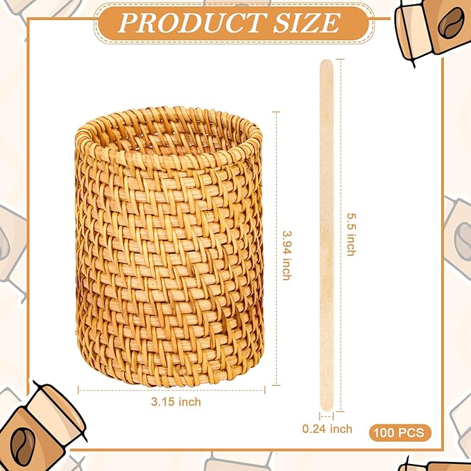 100 Pcs Wood Rattan Coffee Stirrers Holder Set Coffee Stir Sticks Wood Cocktail Stirrers Disposable Beverage Stirrer Sticks 5 Inch Stirring Sticks For Coffee Bar Home Counter Hot or Cold Drinks Tea