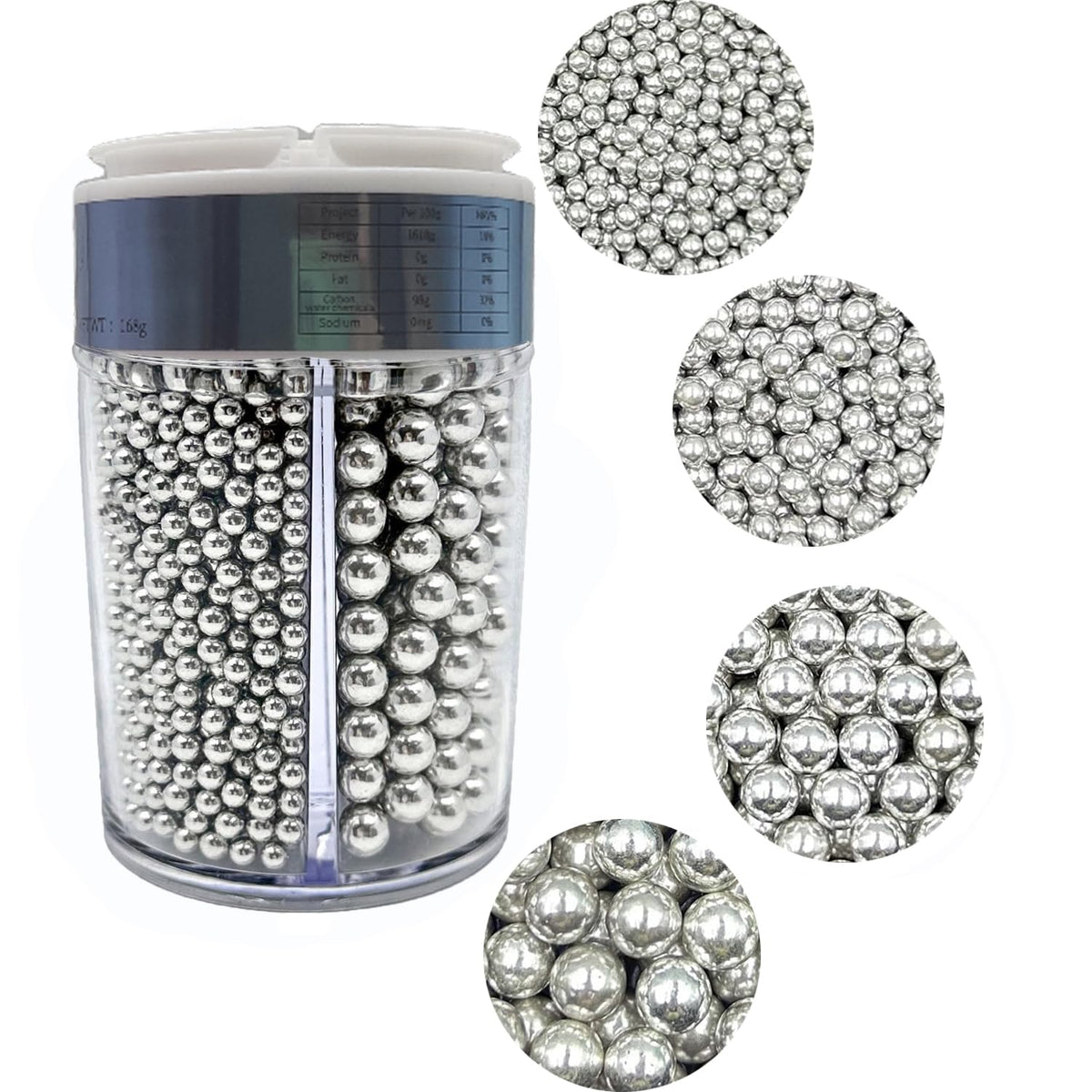 4 in 1 Super Silver Pearl Sugar Sprinkles 6 oz, 4 sizes Candy Pearls Ideal for Baking, Cake and Cupcake Toppers, Cookie Decoration, Ice Cream Topping, Wedding Shower Valentines Halloween Christmas