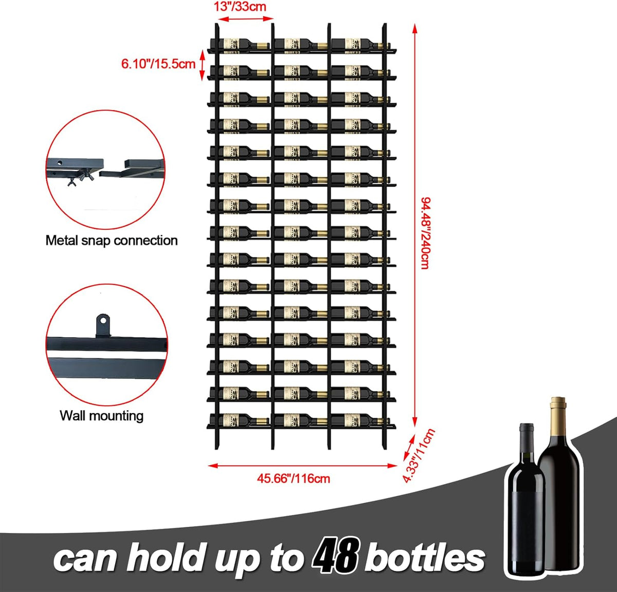 Wine Rack Freestanding Floor, 16 Tier 48 Bottle Capacity Display Holder, Industrial Wine Bottle Storage Shelves, for Any Bar, Wine Cellar, Kitchen, Dining Room (Gold, 3 Column)