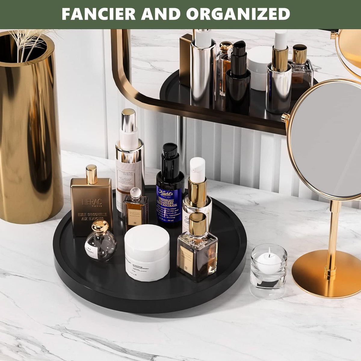 Turntable Vanity Tray 10 Inch for Perfume Candle, Bamboo Kitchen Sink Countertop Organizer Keep Glass, Sponge and Soap Bathroom Coffee Table Decorative Black (VFLZ)