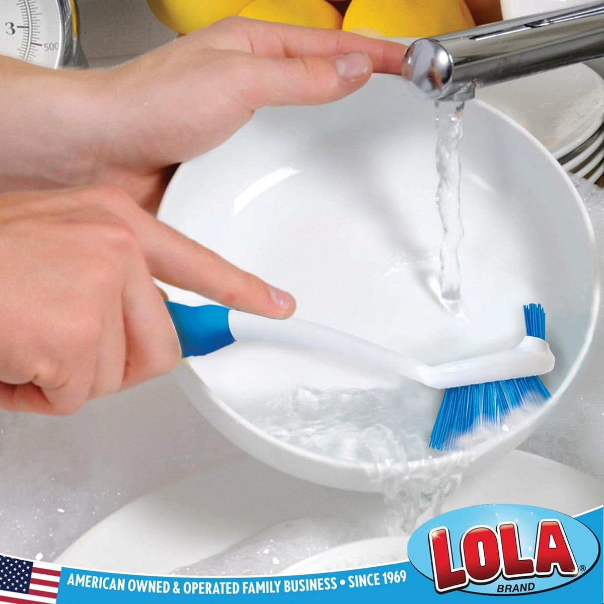 LOLA Pro Dish Brush Kitchen Scrubber | Poly Fiber Bristle | Built-in Food Scraper | Comfort Rubber Non-Slip Handle | Safe for Non-Stick & Coated Cookware | Dishwasher Safe for Cleaning 2 CT