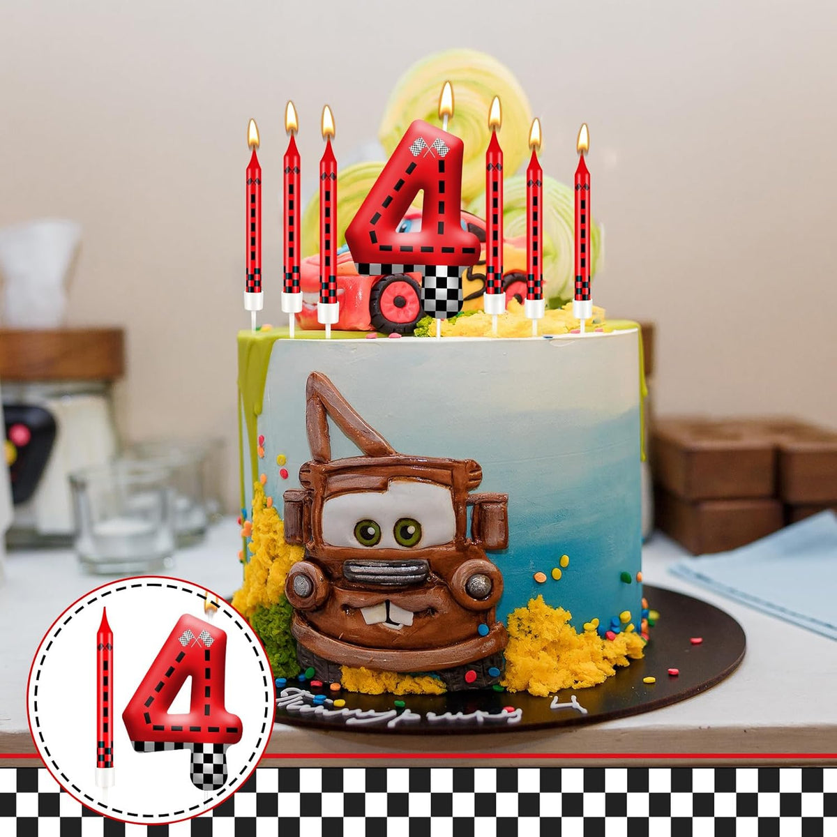 13PCS Racing Car Theme Birthday Candle Set with Checkered Flag Design - Durable Cake Topper for Race Car Party Decorations, Kids Birthday Supplies - Number 4 Candle for Racing-Themed Celebrations