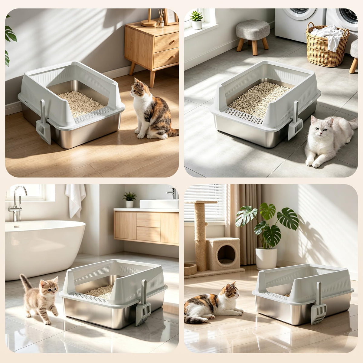 AIPERRO Stainless Steel Litter Box with Lid, High Sided Cat Litter Box