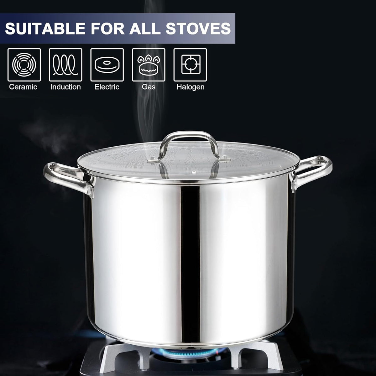 20 QT Stainless Steel Large Stock Pot, LIANYU Heavy Stockpot with Glass Lid, Deep Soup Canning Pot for Stewing Simmering, Tri-ply Base for Induction, Halogen Cooktops, Dishwasher Safe
