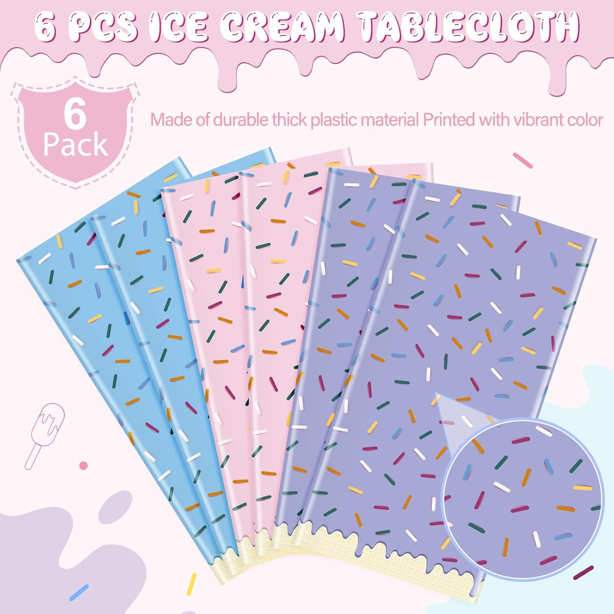 6pcs Sprinkle Ice Cream Party Decorations Tablecloths,Disposable Plastic Rectangle Table Covers for Baby Shower Sweet One Girl Birthday Donut Themed Party Supplies, 3 Color,54 X 108 Inch