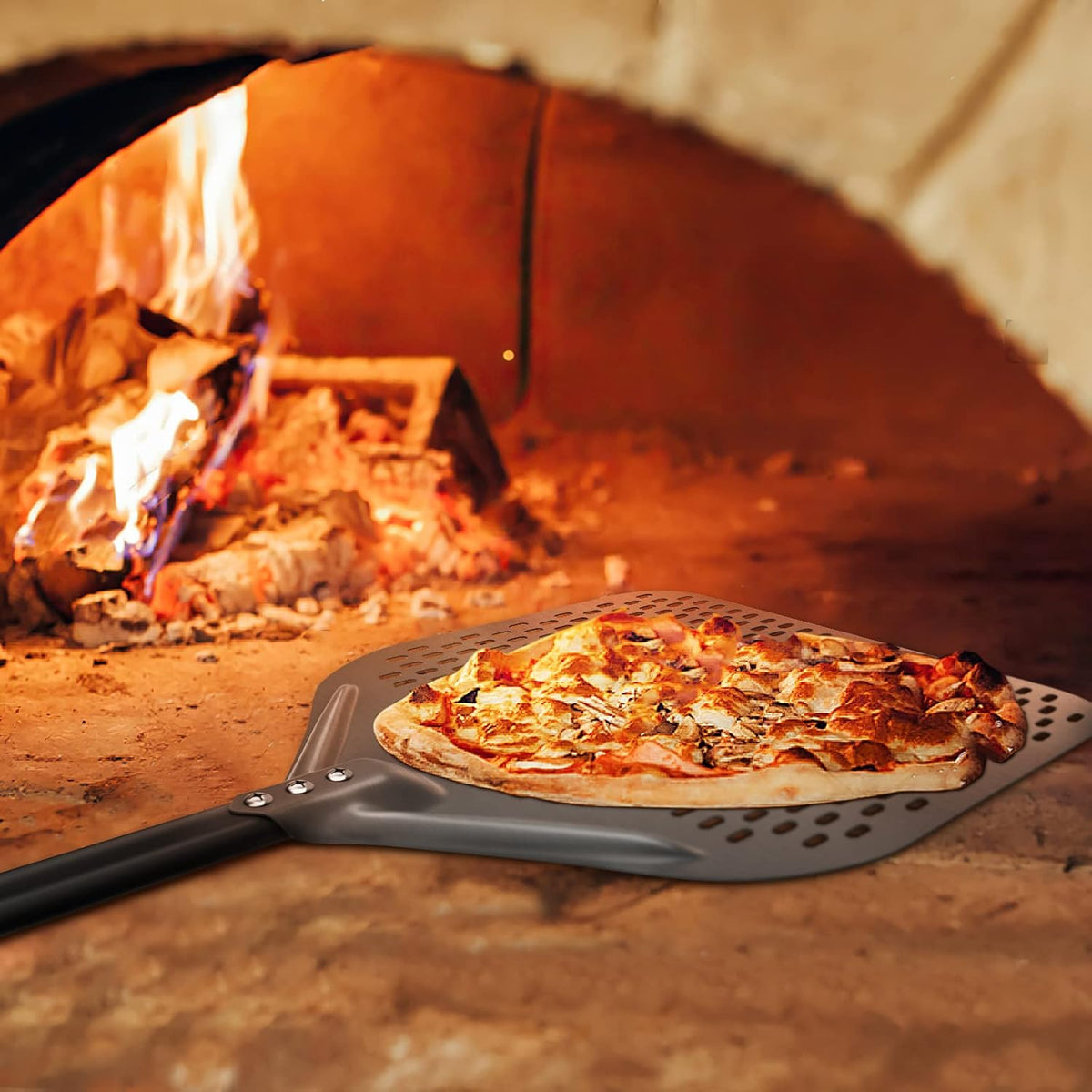 G.a HOMEFAVOR 4-Piece Pizza Oven Accessories, 12-Inch Perforated Pizza Peel, 9-Inch Round Turning Pizza Peel, Pizza Oven Cleaning Brush and Ash Rake for Professional Chef or Pizza Lover