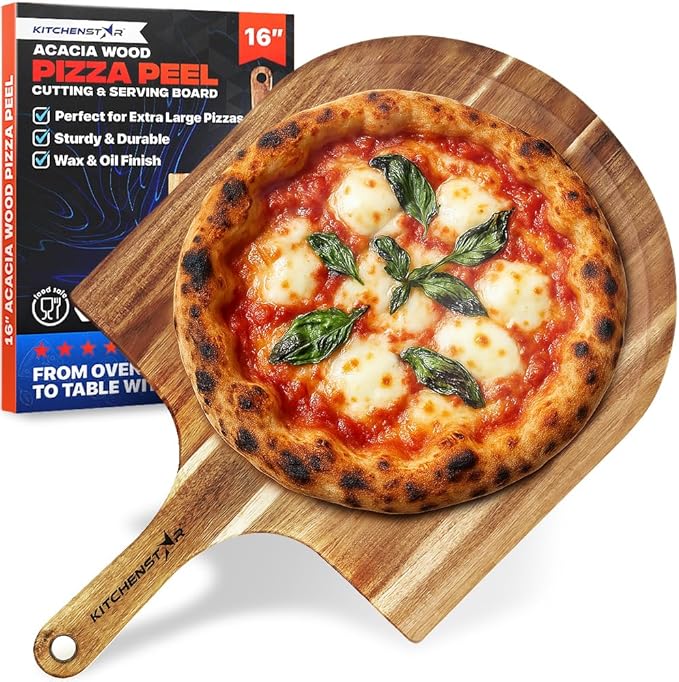 KitchenStar 16-Inch Acacia Wood Pizza Peel – Extra Large Wooden Cutting & Serving Board with Handle – Natural Oil Finish – Ideal Pizza Oven Accessory for Easy Sliding & Prep