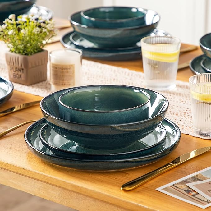 vancasso Starry Plates and Bowls Sets for 6, 24 Pieces Dinnerware Sets, Green Reactive Glaze Dishes Sets for Kitchen, Scratch Resistant Stoneware Dishes Set, Dishwasher and Microwave Safe