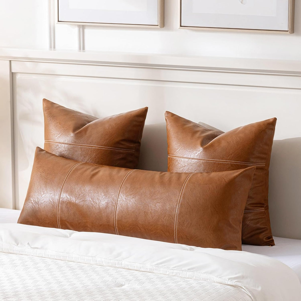 Fancy Homi Brown Boho Long Lumbar Faux Leather Body Decorative Throw Pillow Cover 21x54 Inch for Bedroom Couch Bed Sofa Bench, Hand Stitched Stylish Pillowcase, Rustic Modern Farmhouse Room Decor