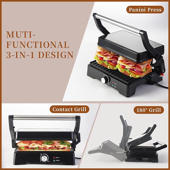 Panini Press Grill Sandwich Maker, Large Electric 3 in 1 Panini Sandwich Maker Grill, Open 180 Degrees for Grill Indoor, Perfect for Grilling Steaks, Burger, Sandwich,Non-stick Pan