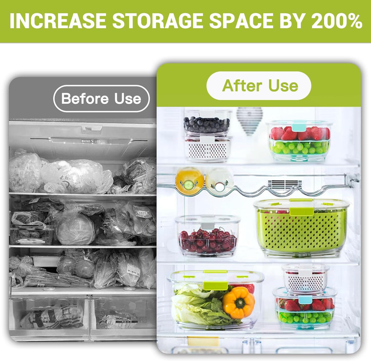 LUXEAR Fresh Produce Vegetable Fruit Storage Containers 3Piece Set, BPA-free Fridge Storage Container, Partitioned Salad Container, Fridge Organizers, Used in Storing Fruits Vegetables, Green