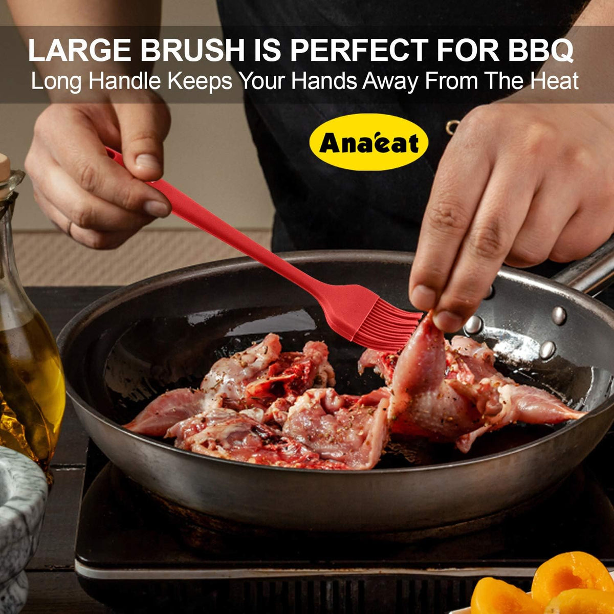 Anaeat High Heat Resistant Silicone Basting Pastry Brush Set of 3- Hygienic One-Pieces Design Spread Oil Butter for BBQ Grill Barbecue Baking Kitchen Cooking - BPA Free & Dishwasher Safe (10"+8.2")