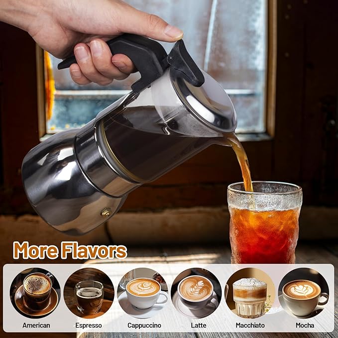9 Cup Glass Clear Moka Pot Thickened 304 Stainless Steel Stovetop Espresso Maker Italian Coffee Machine 450ml 15oz Classic Mocha Cafe Greca Coffee Suitable for Gas Induction