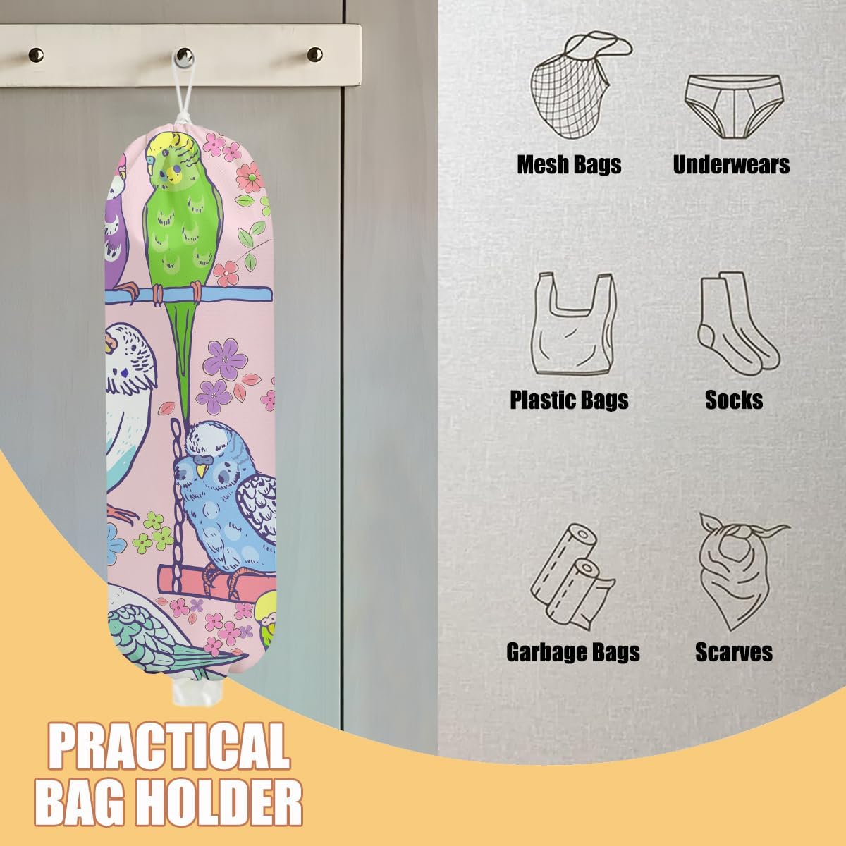 Parrot Plastic Bag Holder, Wall Mount Grocery Bag Holder, Plastic Storage bag, Pull Rope Free Adjustment, Plastic Bag Holders for Grocery Bags, Plastic Bag Dispenser for Home Kitchen