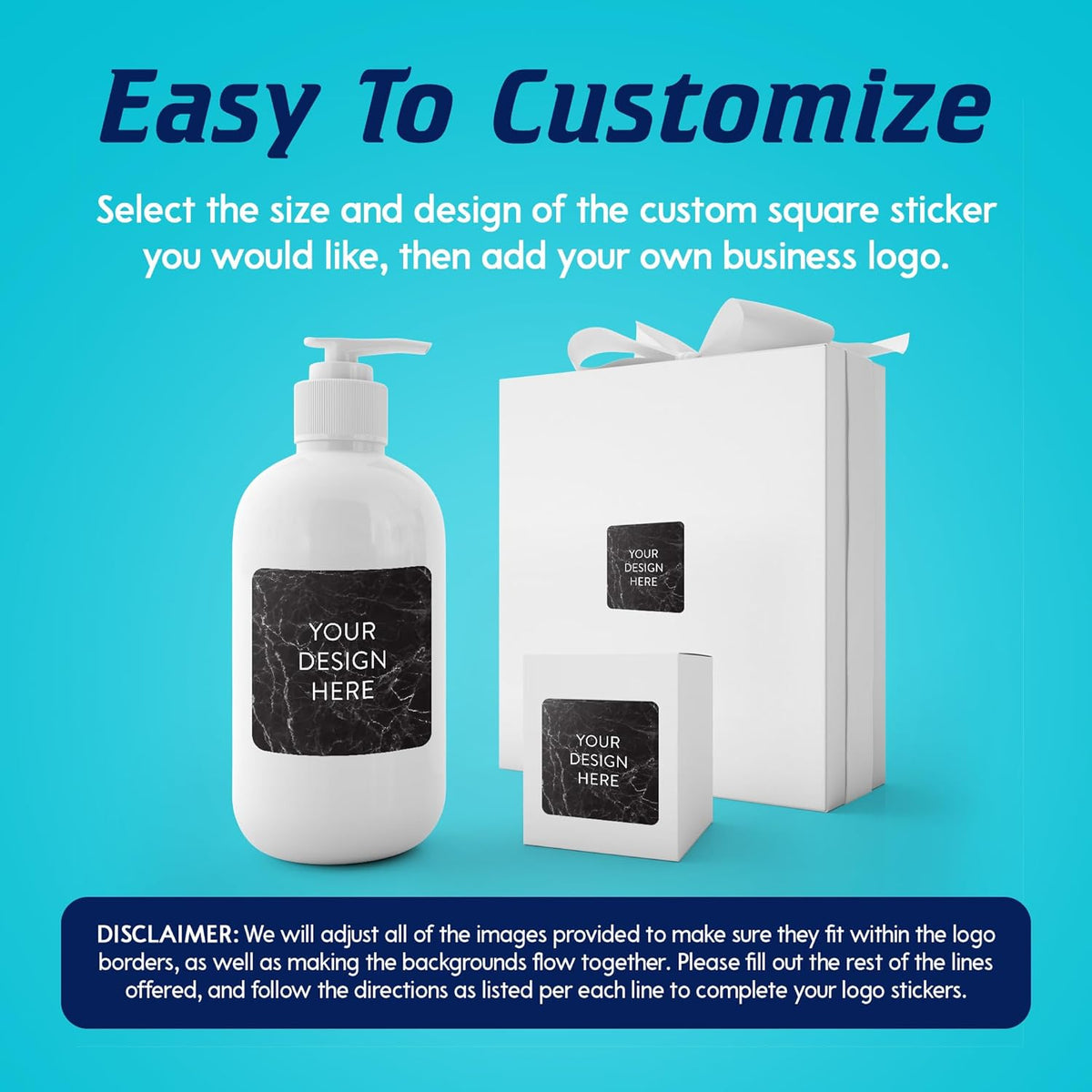 100 Custom Vinyl Stickers - Upload Your own Image, Text, Design, Logo - Personalized Logo Labels for Handmade, Packaging, Bottle, Jars, Candle, Brand Stickers (Black Marble, 2x2 Square)