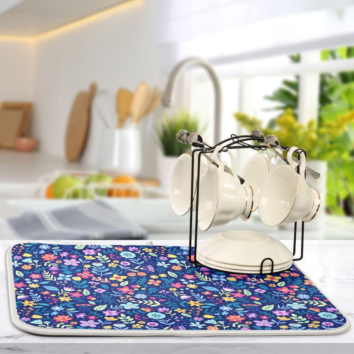Cute Floral Flowers Dish Drying Mat for Kitchen Counter Absorbent Microfiber Drying Pad, Medium 16x18 in, Reversible Drainer Mats