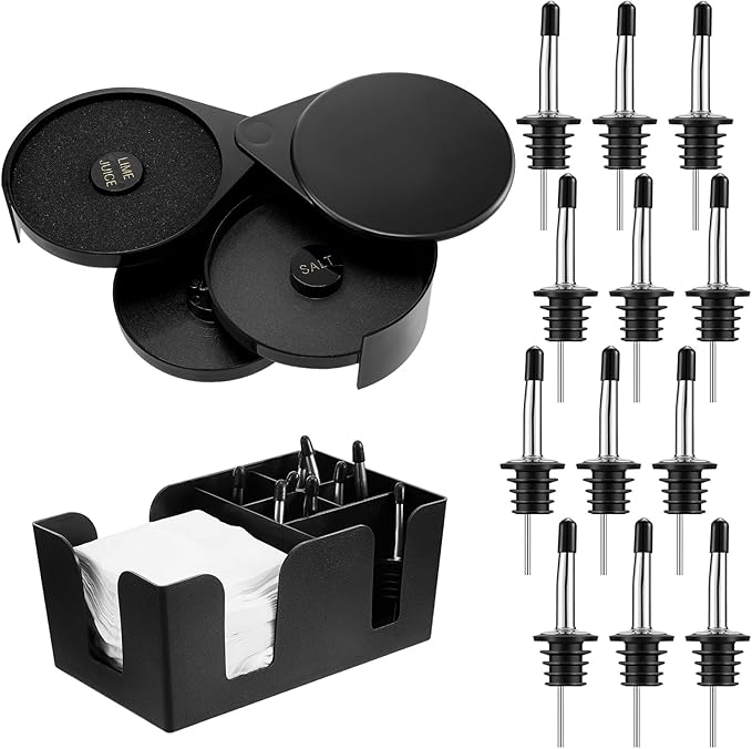 Mifoci 3 Tier Bar Glass Rimmer Bartender Tool Salt Rimmer for Cocktails Margarita 12 Pcs Stainless Steel Classic Bottle Pourers and Bar Caddy Set with 6 Compartments for Bartender Accessories Party