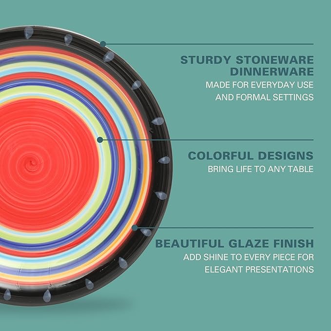 Gibson Home Festival Rings 16-Piece Stoneware Dinnerware Set – Colorful Hand-Painted Plates, Bowls & Mugs, Service for 4, Dishwasher & Microwave Safe Vibrant Tableware
