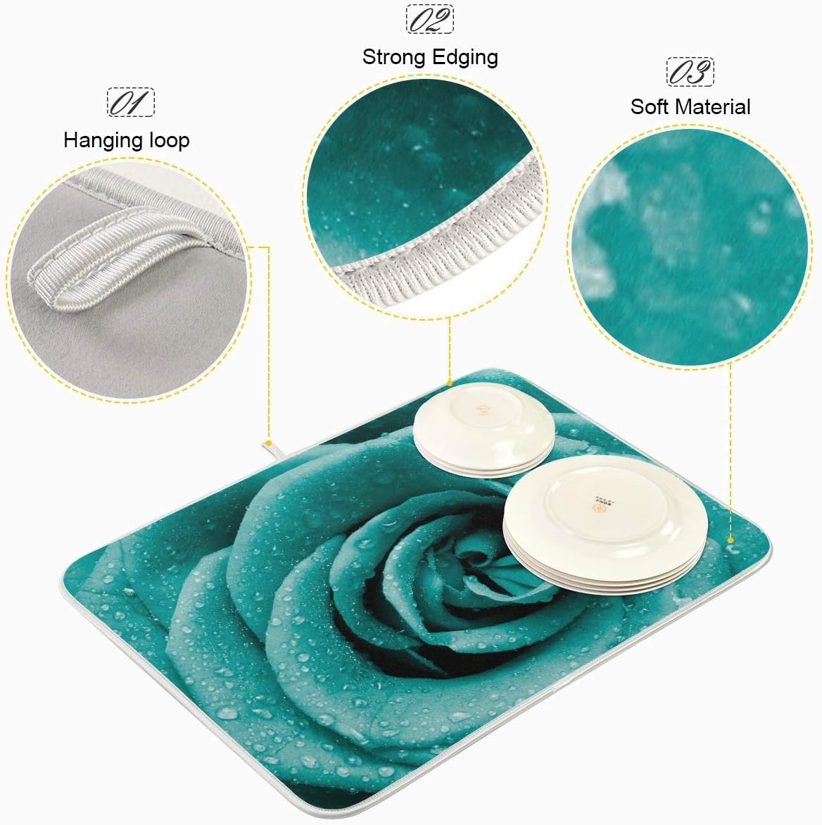 Super Absorbent Dish Drying Mat, Microfiber Fast-Drying Dish Mat, 24" x 18", Kitchen Dish Drying Pad Hipster Turquoise Rose Petals