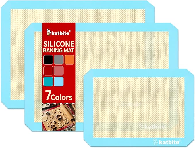 Katbite Silicone Baking Mat Colorful Collection - Set of 3: 2 Half Sheets Mats (11 5/8" x 16 1/2") + 1 Quarter Baking Sheet, Reusable & Nonstick Bakeware Mats for Cookies, Macarons, Bread (Light Blue)
