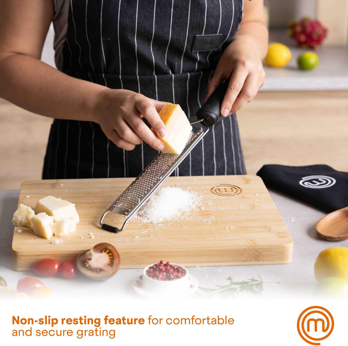 MasterChef Zester Grater with Handle, Kitchen Tool for Zesting Citrus Fruits & Finely Grating Parmesan Cheese, Garlic, Ginger, Coconut, Nutmeg, Wasabi, Chocolate etc, Stainless Steel