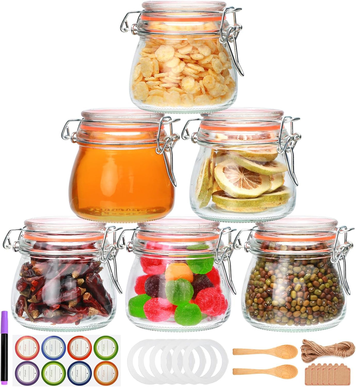 5oz 6pack Glass Jars with Airtight Lid, Glass Food Storage Containers with Lids, Mason Jars, Wire Clip Fastening for Cereal, Flour, Cookie, Spice, Honey, Kitchen Canning