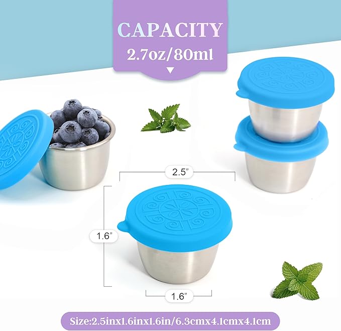 6x2.7 Oz Salad Dressing Container to Go,Handy Leakproof Stainless Steel Meal Prep Containers Reusable,Sauce Containers for Lunch Box, Picnics, Travel, Office and Kitchen Storage