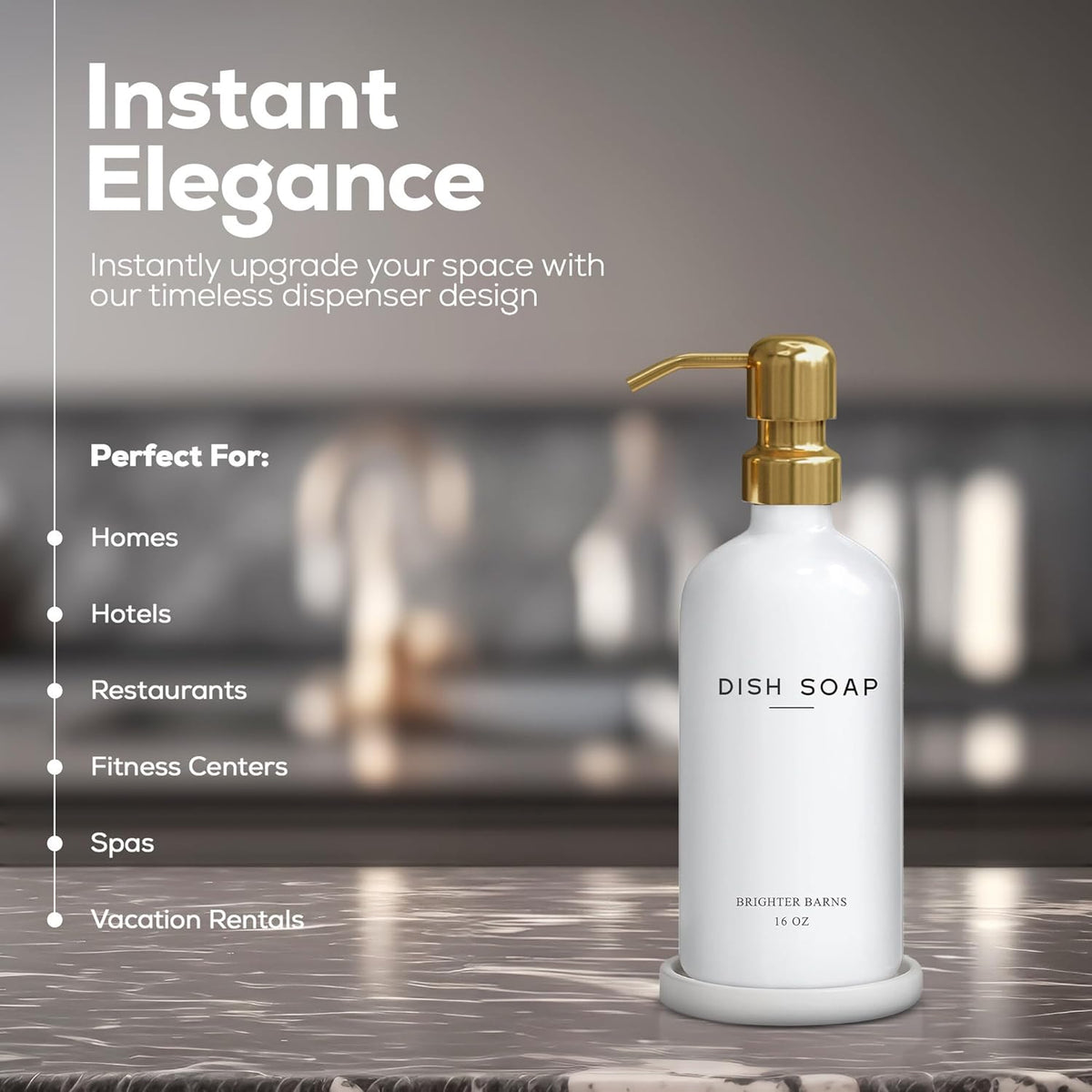 Luxury Glass Dish Soap Dispenser for Kitchen Sink by Brighter Barns - Modern Kitchen Soap Dispenser Set - Refillable Glass Pump Bottle and Tray - White and Gold Home Decor and Accessories, Gift (Gold)