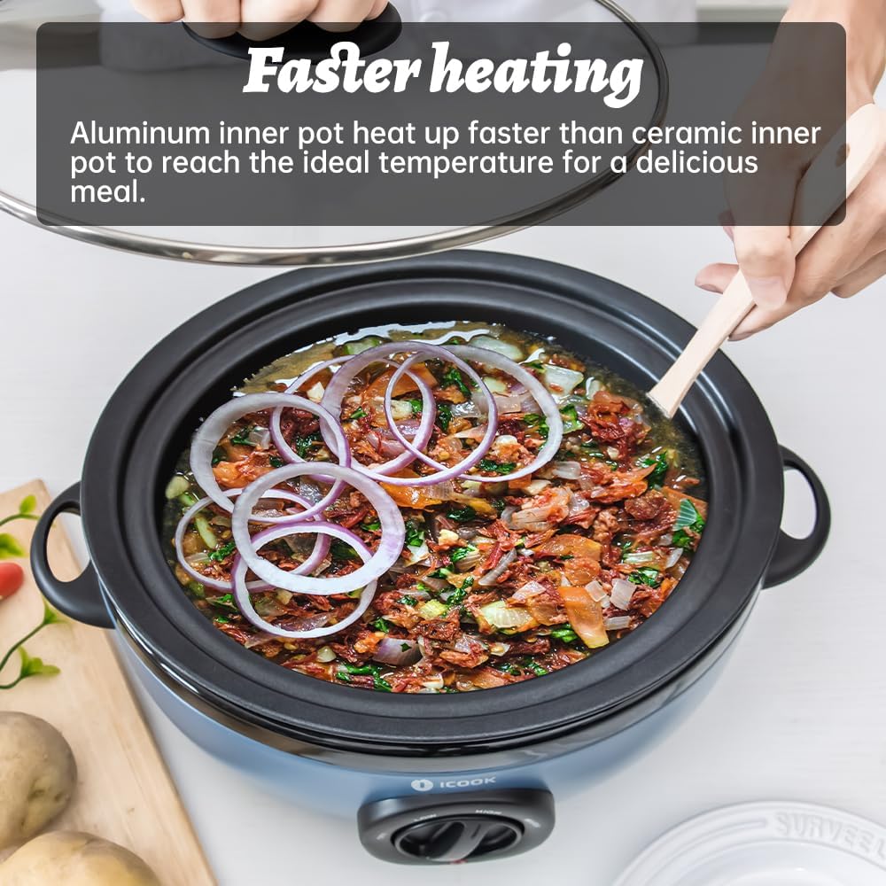 ICOOK USC-35-OP001BL 3.5 Quart Slow Cooker,Aluminium Sear/Sauté Stew Pot Stovetop safe,Dishwasher Safe,Glass Lid,Adjustable Temp,Food Warmer,Blue