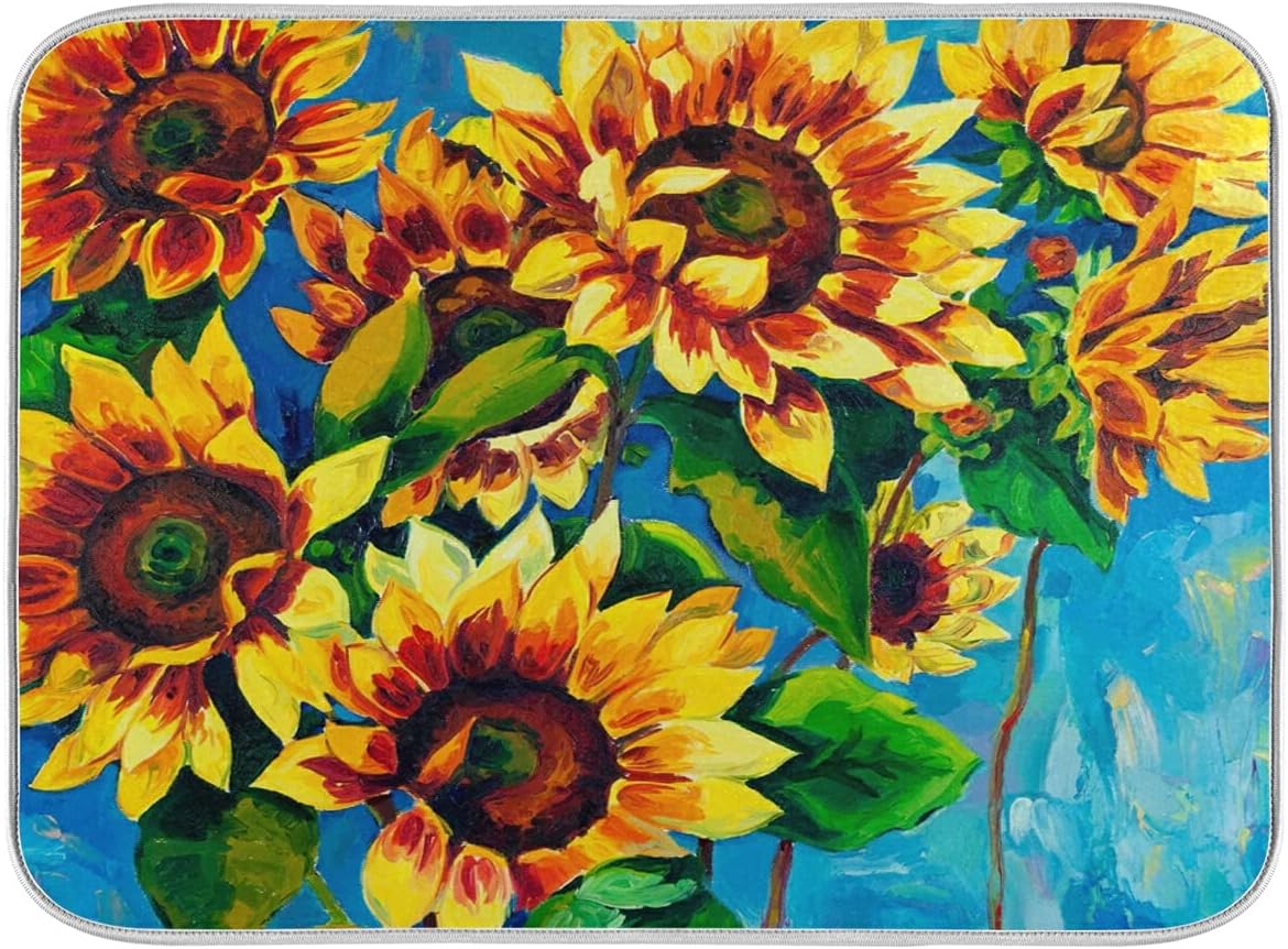 Super Absorbent Dish Drying Mat, Microfiber Fast-Drying Dish Mat, 16" x 18", Kitchen Dish Drying Pad, Sunflowers