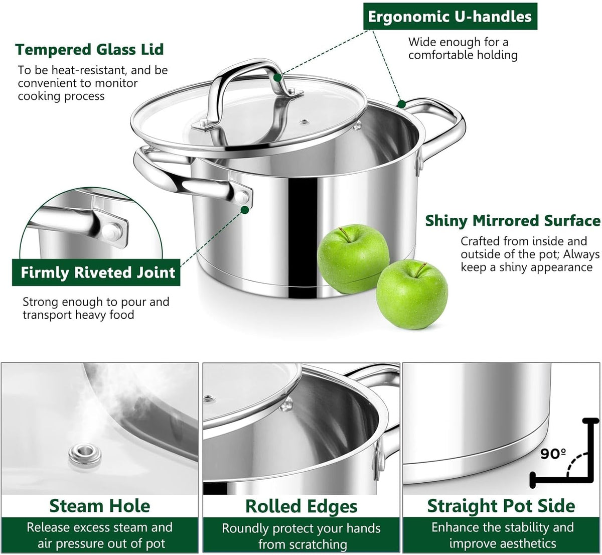 P&P CHEF 8 Quarts Cooking Stock Pot with Lid, Stainless Steel Stockpot Induction Pot for Soup, Tri-Ply Bottom & Clear Glass Lid & Double Handle, Dishwasher Safe