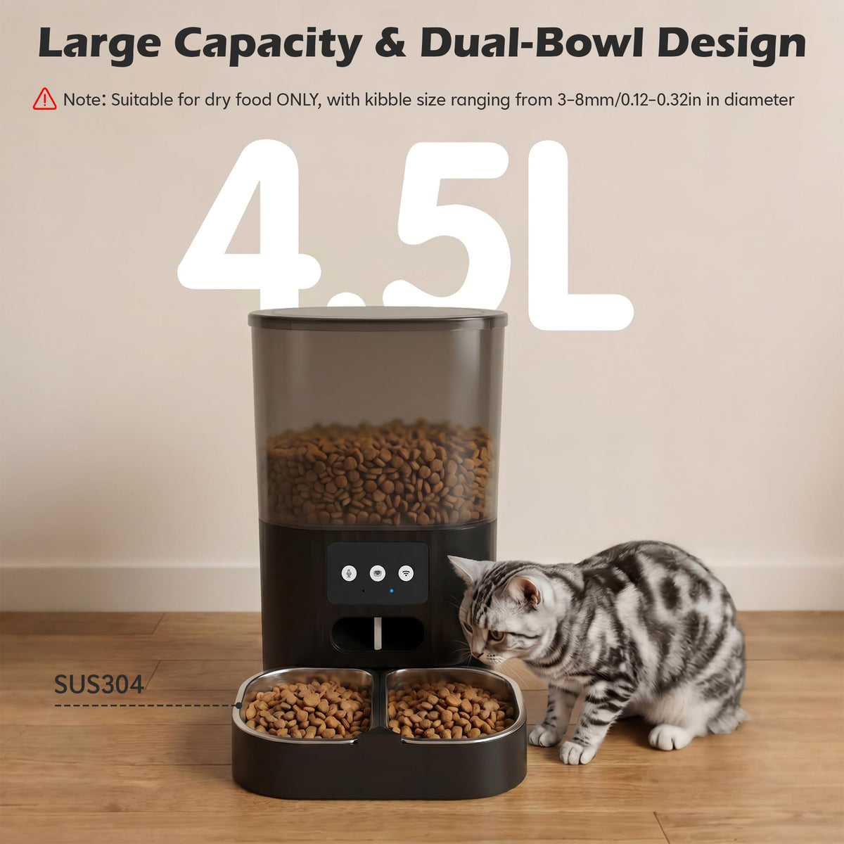 PEYAKO Automatic Cat Feeder, WiFi Cat Food Dispenser with App Control, Smart Dry Pet Food Feeder, 1–10 Meals Per Day, Voice Recording & Stainless Steel Dual-Bowl for Small Pets Indoor(4.5L, Black)