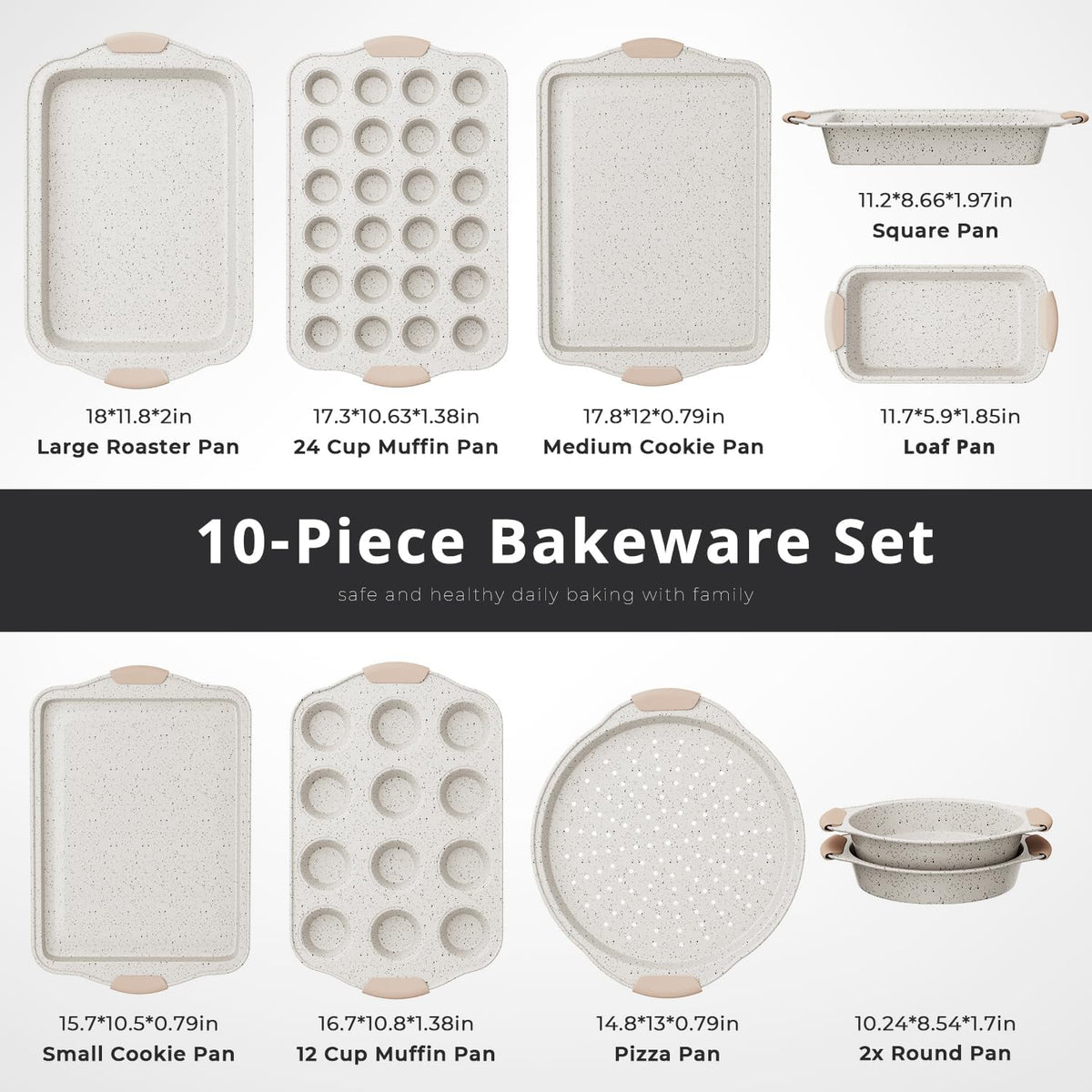 10-Piece Baking Pans Set Nonstick, Stackable Bakeware, Toxin-Free Baking Pans Set with Silicone Handles, Includes Cookie Sheets, Cake Pan, Loaf Pan, Pizza Pan, Muffin Pan, White&Khaki