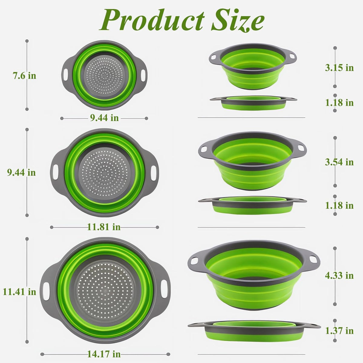 Collapsible Colander Set of 3, Space-Saving Foldable Strainer for Kitchen, 3 Sizes Food Strainer for Draining Pasta, Vegetable and Fruit, Kitchen Gadgets for Home Use and Outdoor Camping (Green)