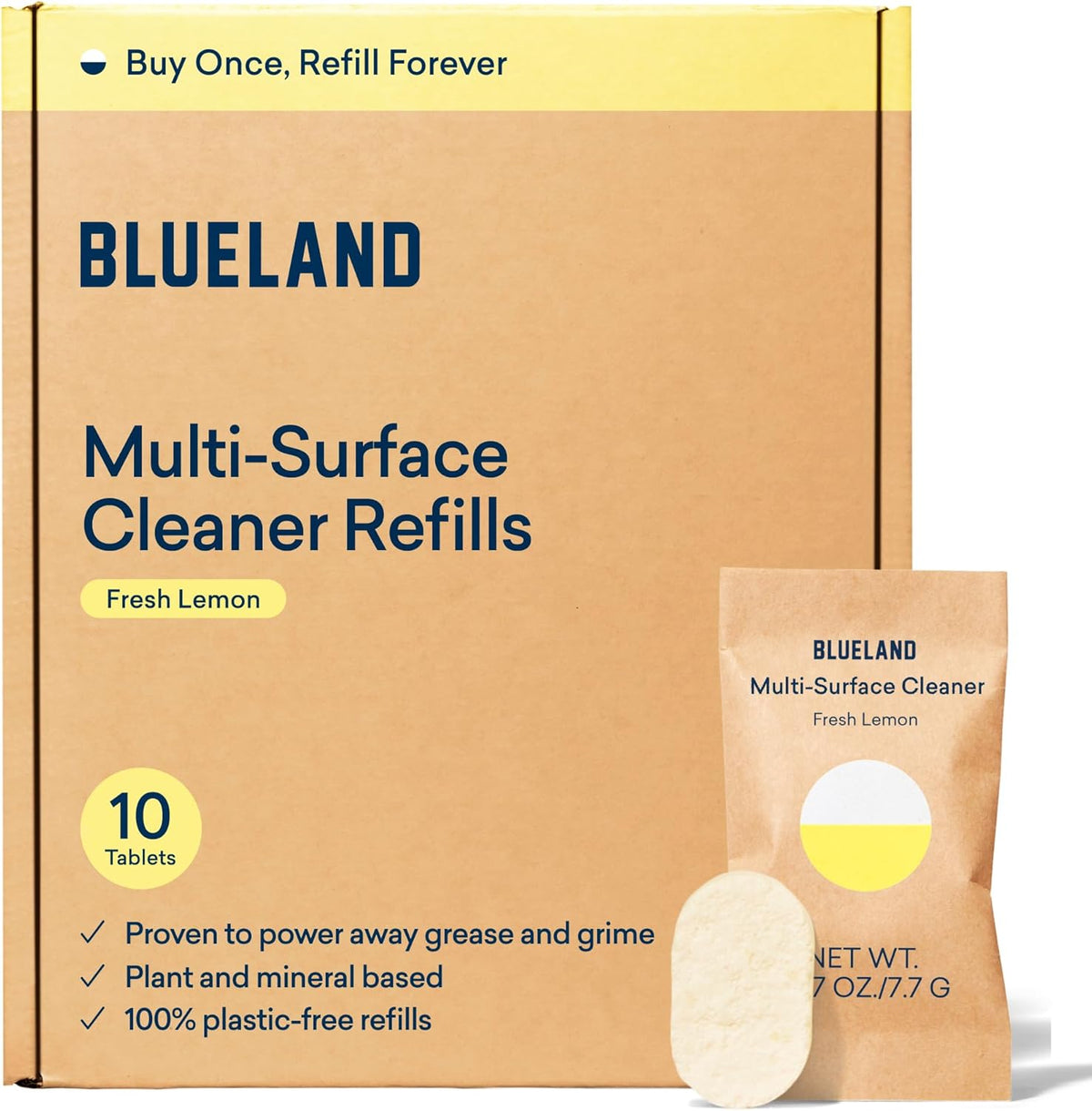 BLUELAND Multi-surface Cleaner, 10 Refill Tablets, Fresh Lemon Scent, All-Purpose, Eco-Friendly Cleaning Supplies, 10 x 24 Fl oz