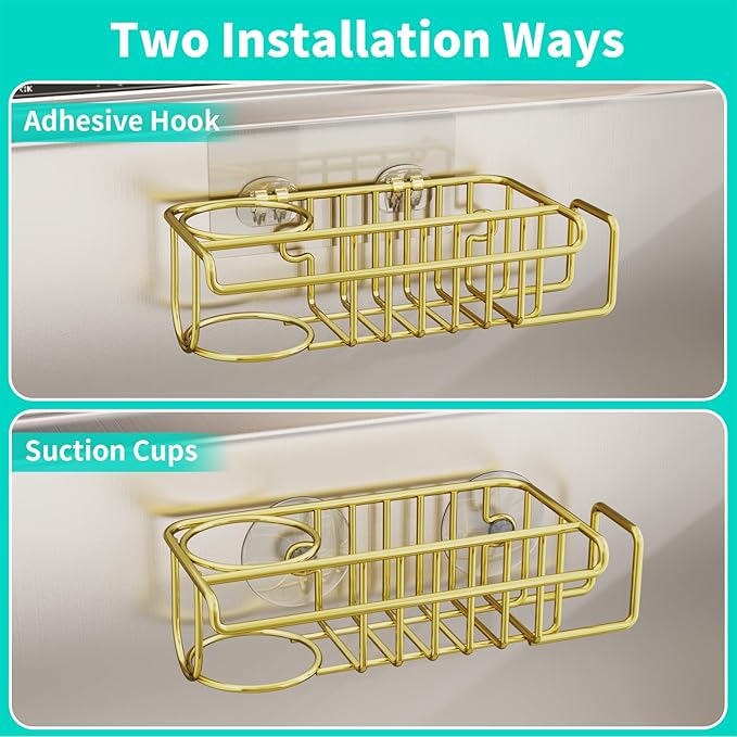 HapiRm Sponge Holder for Kitchen Sink, No Drill Kitchen Sink Caddy Organizer, Rustproof Dish Sponge Holder- Gold(8.73 * 3.54 * 2.36in)