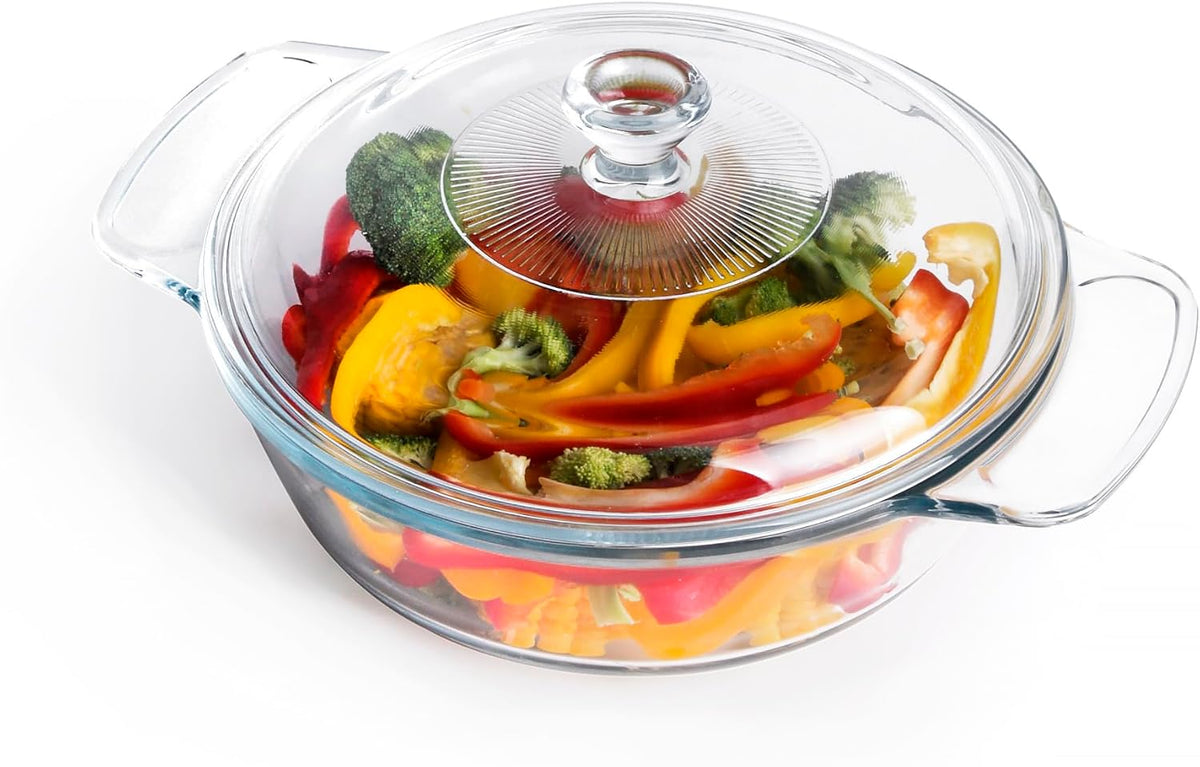 Clear Round Glass Casserole with Lid, Baking Dish with Glass Cover, Oven, Freezer and Dishwasher Safe (1.7-Quart Round)