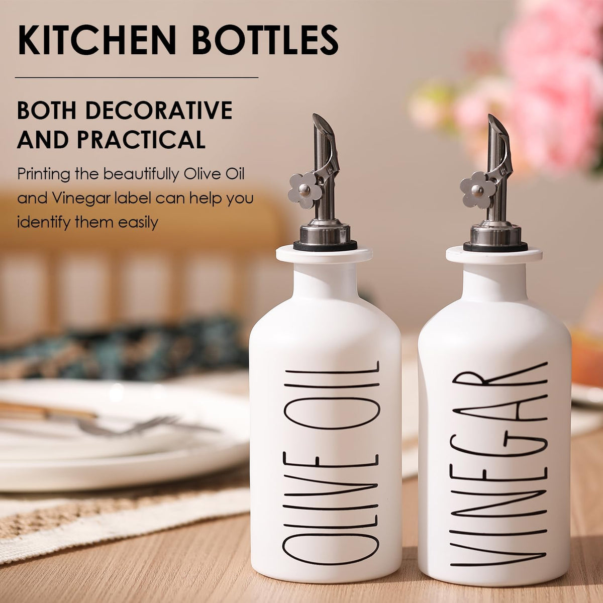 HOMCDALY Premium Olive Oil Dispenser for Kitchen, 11.8oz Glass Oil Bottles with Bamboo Tray, White Oil&Vinegar Cruet Set, Kitchen Dispenser Bottles with Pourer| Set of 2 (11.8oz –P–White)