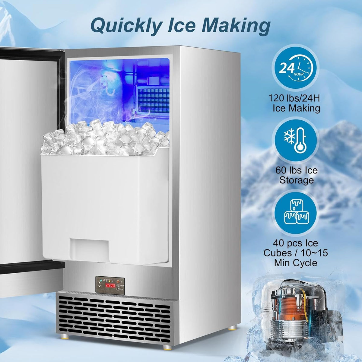 Commercial Ice Maker Machine 120 LBS/24H, 60 LBS Cold Preservation Bin for 4-6 H, Freestanding Undercounter Ice Maker Stainless Steel, 40 Ice Trays Built-in Ice Machine for Restaurant Bar Kitchen Cafe