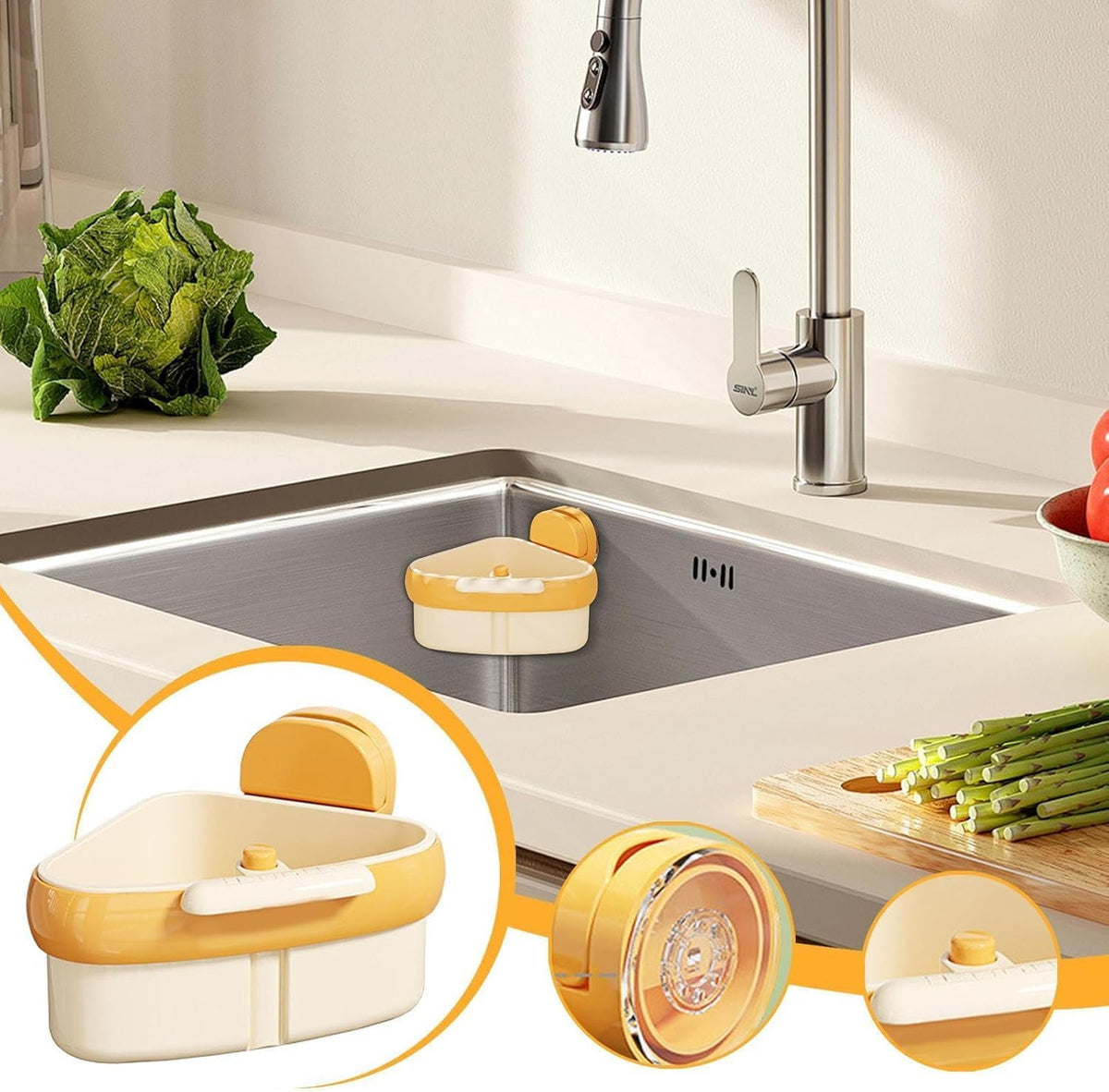 Kitchen Corner Sink Strainer with Suction Cup, Food Waste & Trash Basket, Triangle Drain Rack with Automatic Dumping, Perfect for Vegetables, Scraps & Easy Cleaning