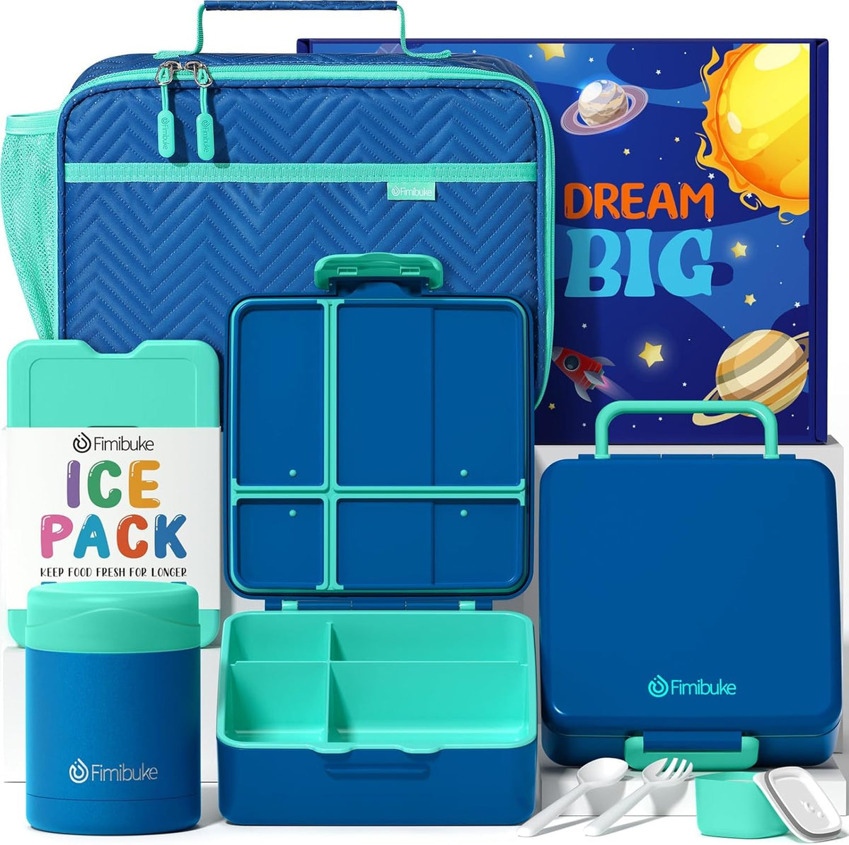 Fimibuke Kids Bento Snack Lunch Box with 4 Compartment, Insulated Bag, Stainless Steel Vacuum Thermos Food Jar, Ice Pack, Utensils Set, Birthday Gift for Age 3-12 Back to School Toddler Girl Boy Adult