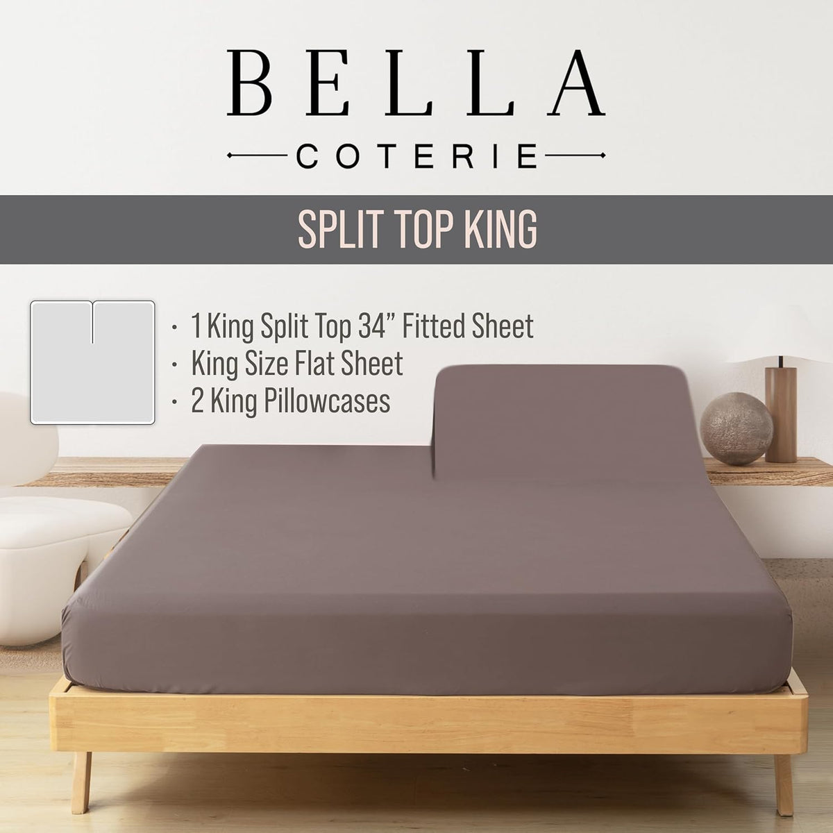 Bella Coterie Luxury Bamboo Viscose Split Top King Size Sheet Set | 100% Organically Grown | Ultra Soft | 34" Split | Cooling for Hot Sleepers | 18" Deep Pocket [Mocha]